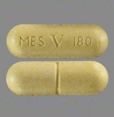 Pill MES V 180 Yellow Capsule/Oblong is Pyridostigmine Bromide Extended-Release