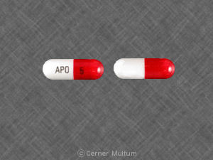 Pill APO 5 Red & White Capsule/Oblong is Ramipril