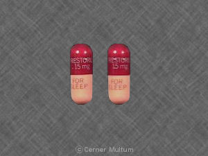 Pill RESTORIL 15 mg FOR SLEEP Maroon Capsule/Oblong is Restoril