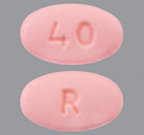 Pill R 40 Pink Elliptical/Oval is Rosuvastatin Calcium
