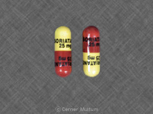 Pill SORIATANE 25 mg SORIATANE 25 mg Brown & Yellow Capsule-shape is Soriatane CK