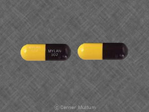 Pill MYLAN 102 Black & Yellow Capsule-shape is Tetracycline Hydrochloride