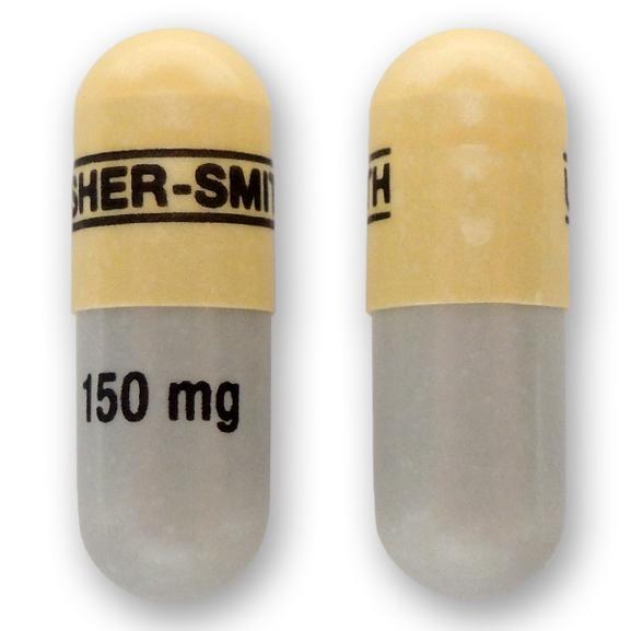 Pill UPSHER-SMITH 150 mg Gray & Yellow Capsule-shape is Topiramate Extended-Release