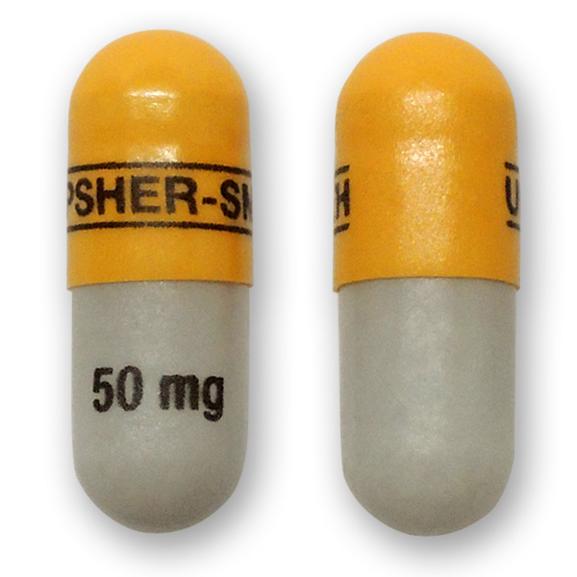 Pill UPSHER-SMITH 50 mg Gray & Yellow Capsule/Oblong is Topiramate Extended-Release