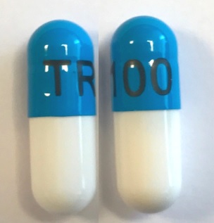 Pill TR100 Blue & White Capsule-shape is Trimipramine Maleate