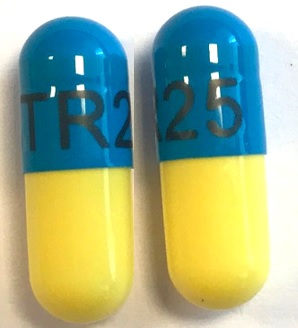 Pill TR25 Blue & Yellow Capsule-shape is Trimipramine Maleate