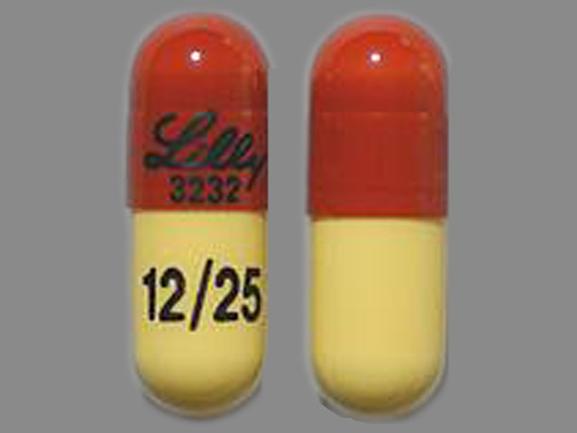 Pill Lilly 3232 12/25 Red & Yellow Capsule/Oblong is Symbyax