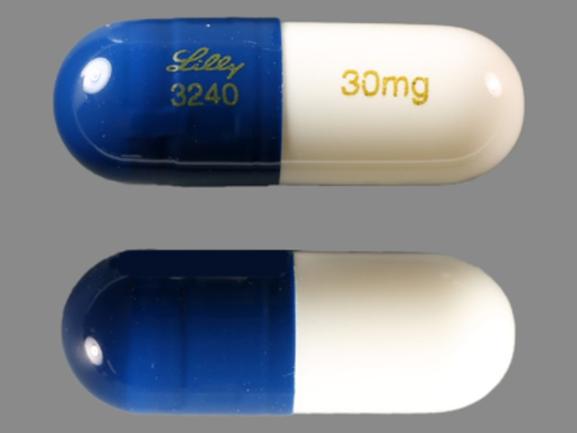 Pill Lilly 3240 30 mg Blue & White Capsule-shape is Cymbalta