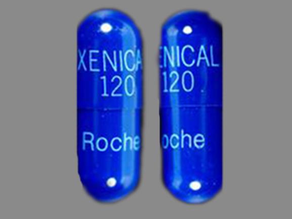 Pill ROCHE XENICAL 120 Blue Capsule/Oblong is Xenical