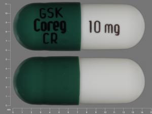 Pill GSK COREG CR 10 mg Green & White Capsule/Oblong is Coreg CR