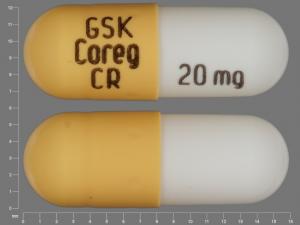Pill GSK COREG CR 20 mg White & Yellow Capsule-shape is Coreg CR