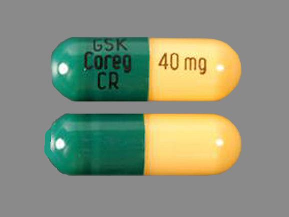 Pill GSK COREG CR 40 mg Green & Yellow Capsule/Oblong is Coreg CR