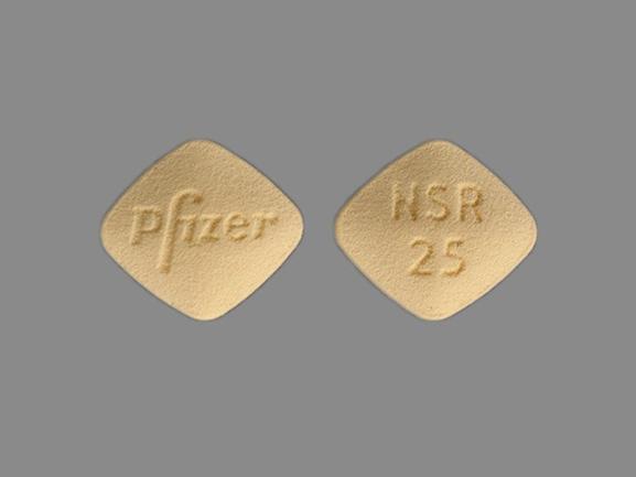 Pill Pfizer NSR 25 Yellow Four-sided is Inspra