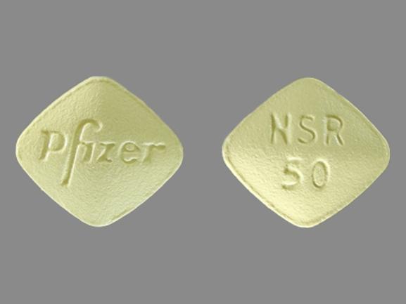 Pill Pfizer NSR 50 Yellow Four-sided is Inspra