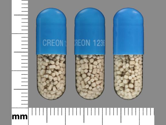 Pill CREON 1236 Blue Capsule/Oblong is Creon