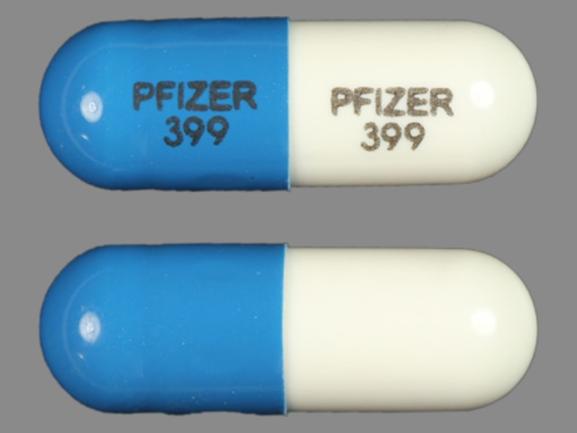 Pill PFIZER 399 PFIZER 399 Blue & White Capsule-shape is Geodon