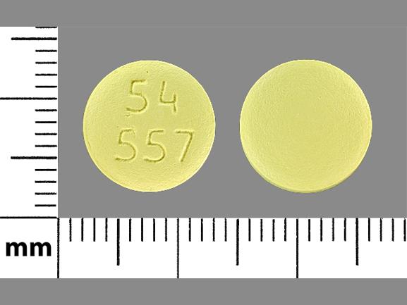 Pill 54 557 Yellow Round is Hydrochlorothiazide and Losartan Potassium