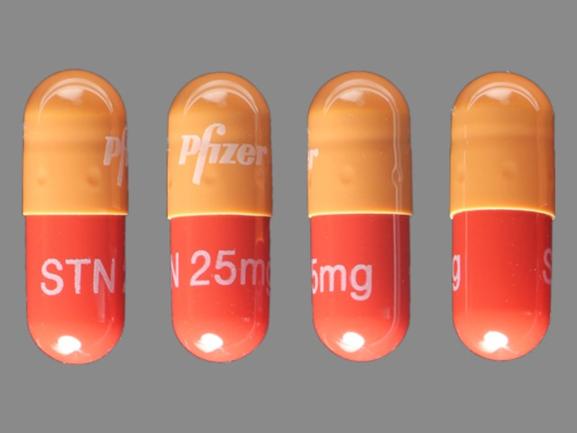 Pill Pfizer STN 25 mg Brown & Orange Capsule-shape is Sutent
