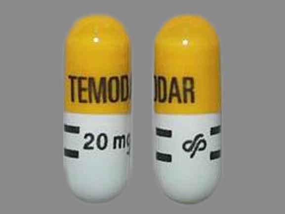 Pill TEMODAR 20 mg Logo Yellow & White Capsule/Oblong is Temodar