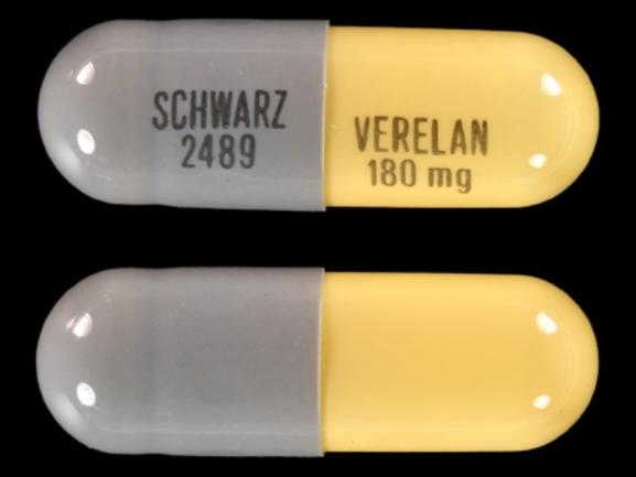 Pill SCHWARZ 2489 VERELAN 180 mg Gray Capsule/Oblong is Verelan