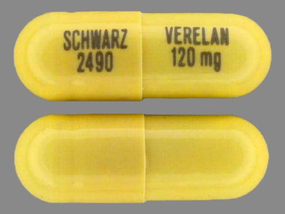 Pill SCHWARZ 2490 VERELAN 120 mg Yellow Capsule-shape is Verelan