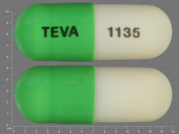 Pill TEVA 1135 Green & White Capsule/Oblong is Acitretin