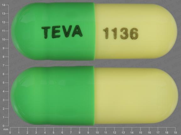 Pill TEVA 1136 Green & Yellow Capsule/Oblong is Acitretin