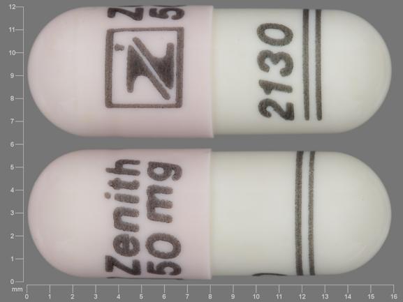 Pill Logo Zenith 50 mg 2130 Pink & White Capsule-shape is Nitrofurantoin (Macrocrystals)
