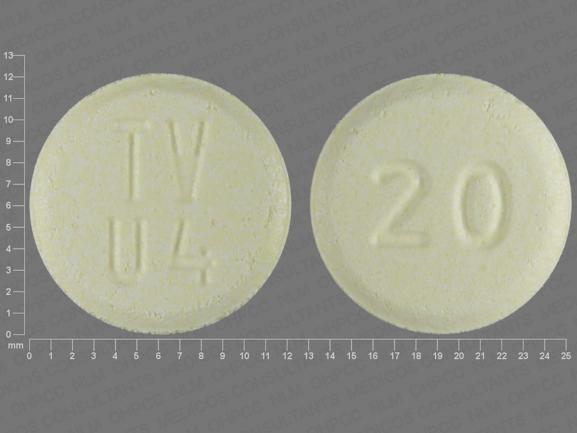 Pill TV U4 20 Yellow Round is Olanzapine (Orally Disintegrating)