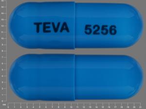 Pill TEVA 5256 Blue Capsule/Oblong is Clindamycin Hydrochloride