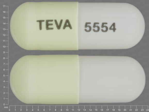 Pill TEVA 5554 White & Yellow Capsule/Oblong is Dexmethylphenidate Hydrochloride Extended-Release