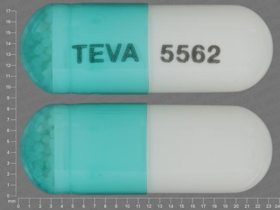 Pill TEVA 5562 Green & White Capsule-shape is Dexmethylphenidate Hydrochloride Extended-Release