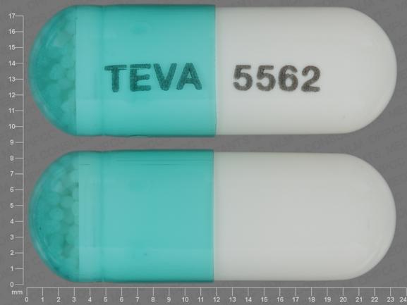 Pill TEVA 5562 Green & White Capsule/Oblong is Dexmethylphenidate Hydrochloride Extended-Release