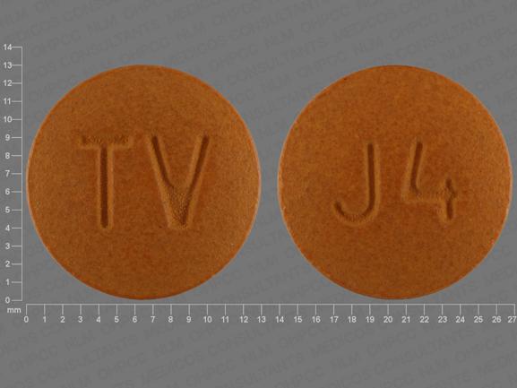 Pill TV J4 Brown Round is Amlodipine Besylate and Valsartan