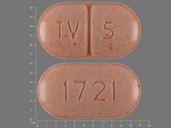 Pill TV 5 1721 Peach Capsule/Oblong is Warfarin Sodium