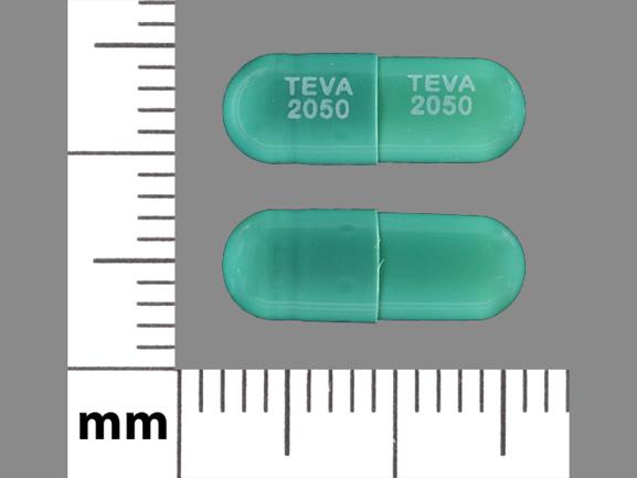 Pill TEVA 2050 TEVA 2050 Green Capsule-shape is Tolterodine Tartrate Extended-Release
