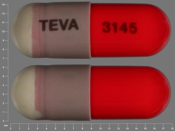 Pill TEVA 3145 Gray Capsule/Oblong is Cephalexin Monohydrate