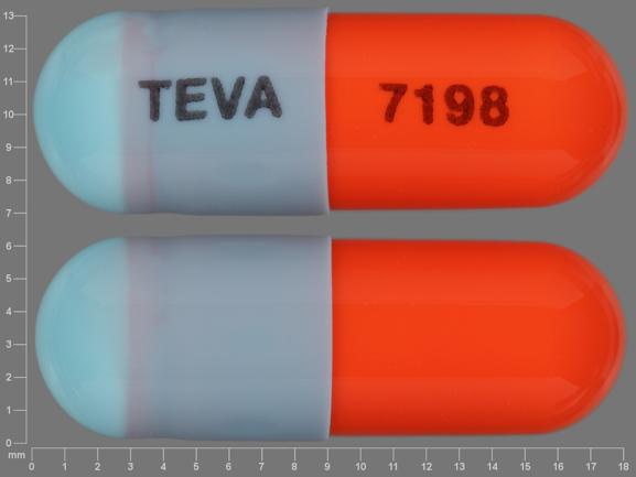 Pill TEVA 7198 Blue & Orange Capsule/Oblong is Fluoxetine Hydrochloride