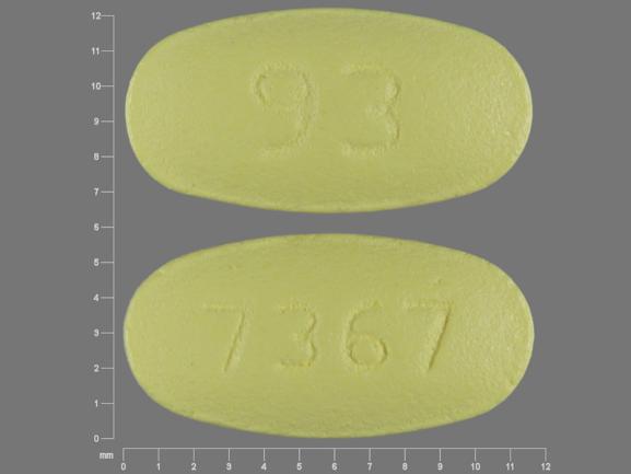 Pill 93 7367 Yellow Elliptical/Oval is Hydrochlorothiazide and Losartan Pot...
