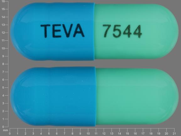 Pill TEVA 7544 Blue Capsule-shape is Duloxetine Hydrochloride Delayed-Release