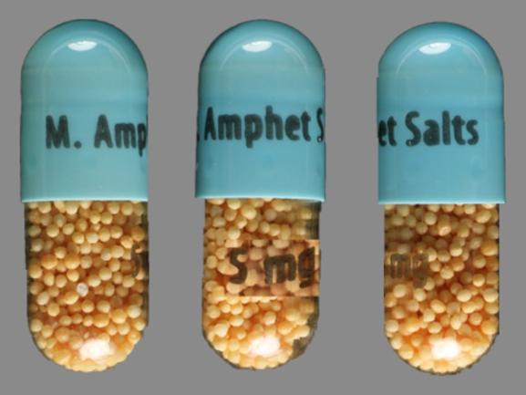 Pill M. Amphet Salts 5 mg Blue Capsule/Oblong is Amphetamine and Dextroamphetamine Extended Release