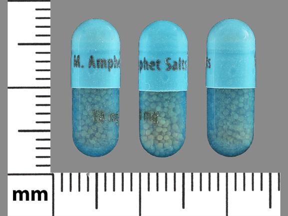 Pill M. Amphet Salts 10 mg Blue Capsule/Oblong is Amphetamine and Dextroamphetamine Extended Release