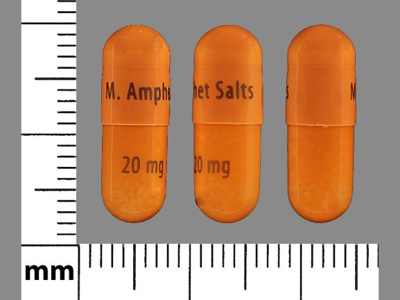 Pill M. Amphet Salts 20 mg Orange Capsule-shape is Amphetamine and Dextroamphetamine Extended Release