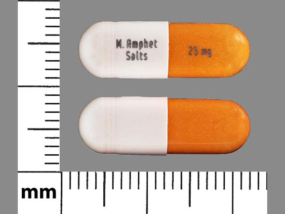 Pill M. Amphet Salts 25 mg Orange & White Capsule/Oblong is Amphetamine and Dextroamphetamine Extended Release