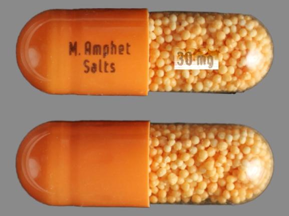 Pill M. Amphet Salts 30 mg Orange Capsule/Oblong is Amphetamine and Dextroamphetamine Extended Release