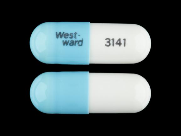 Pill West-ward 3141 Blue & White Capsule/Oblong is Doxycycline Hyclate