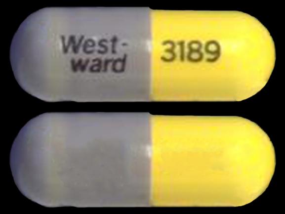 Pill West-ward 3189 Gray & Yellow Capsule-shape is Lithium Carbonate