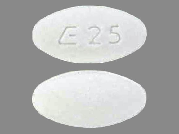 Pill E 25 White Oval is Lisinopril