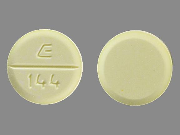 Pill E 144 Yellow Round is Amiodarone Hydrochloride