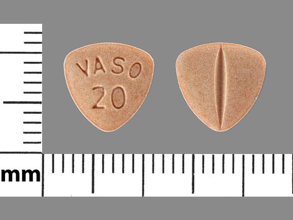 Pill VASO 20 Peach Three-sided is Enalapril Maleate